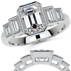 Unique Emerald / Radiant and Baguette 5-Stone Moissanite Bezel Eng