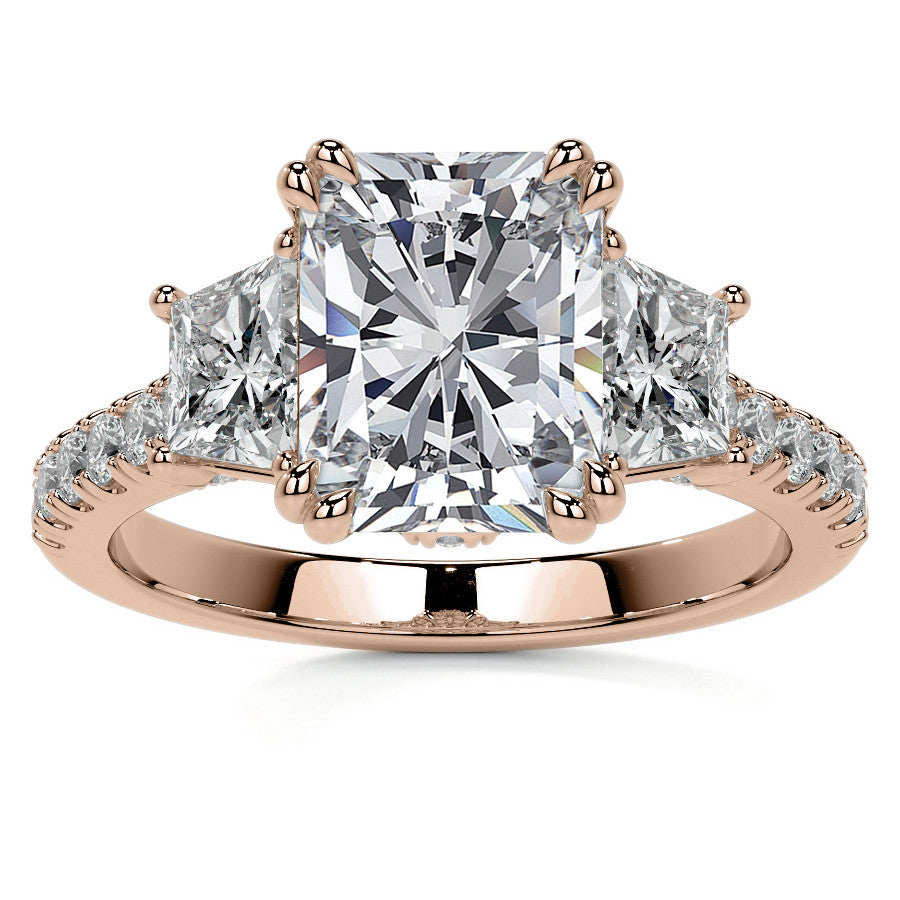 Emerald / Radiant and Trapezoid 3-Stone Moissanite Cathedral Engag