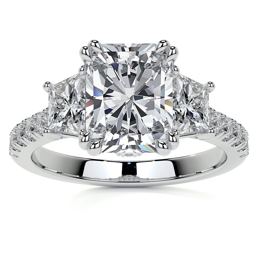Emerald / Radiant and Trapezoid 3-Stone Moissanite Cathedral Engag