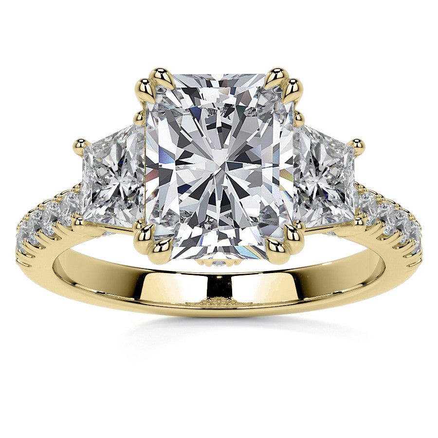 Emerald / Radiant and Trapezoid 3-Stone Moissanite Cathedral Engag