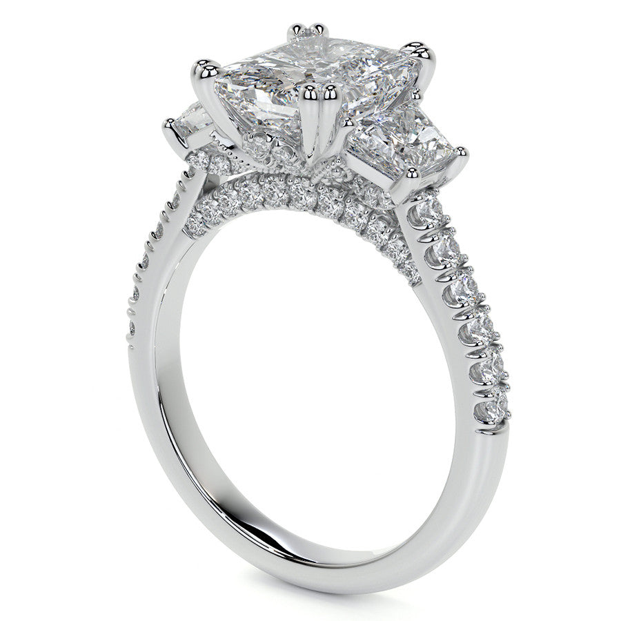 Emerald / Radiant and Trapezoid 3-Stone Moissanite Cathedral Engag