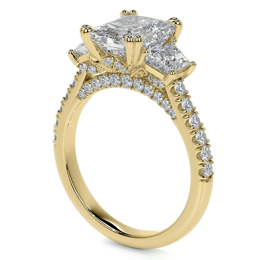 Emerald / Radiant and Trapezoid 3-Stone Moissanite Cathedral Engag