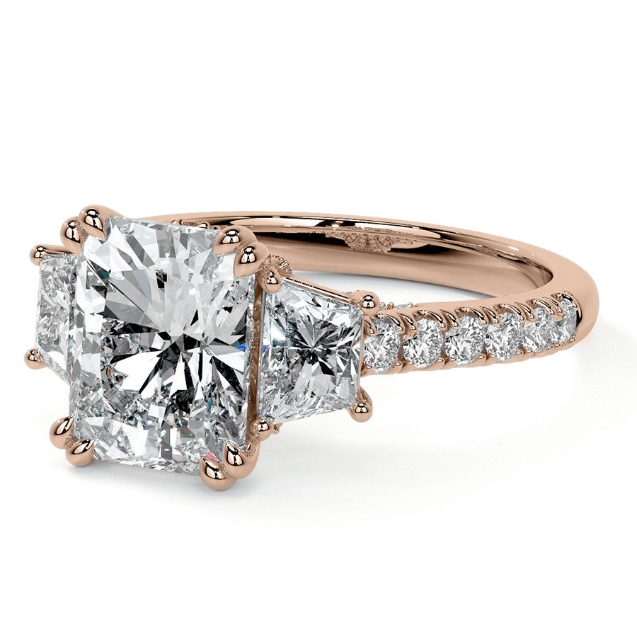 Emerald / Radiant and Trapezoid 3-Stone Moissanite Cathedral Engag