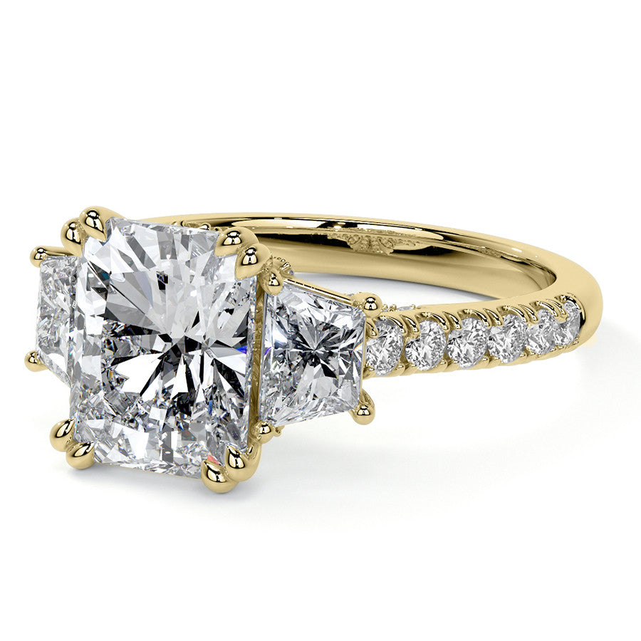 Emerald / Radiant and Trapezoid 3-Stone Moissanite Cathedral Engag