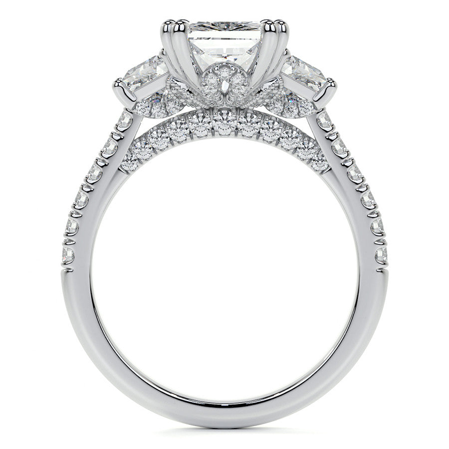 Emerald / Radiant and Trapezoid 3-Stone Moissanite Cathedral Engag