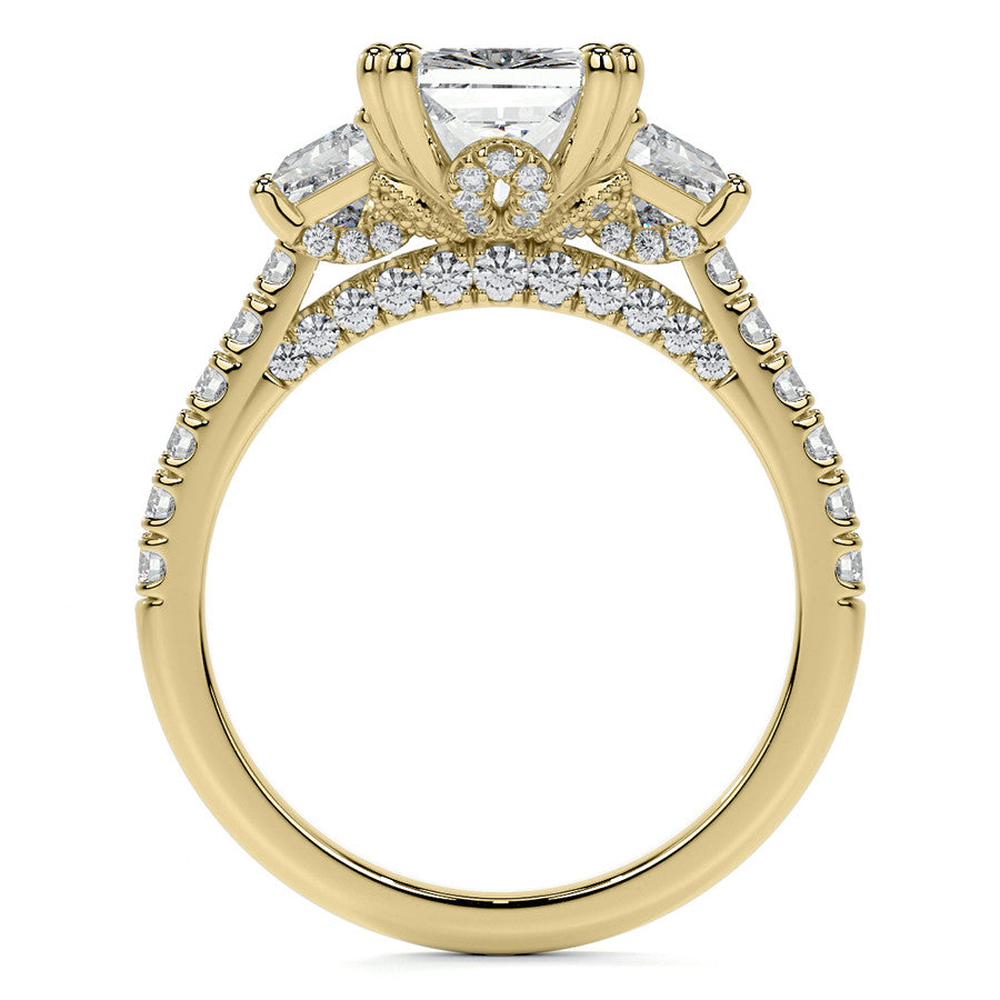 Emerald / Radiant and Trapezoid 3-Stone Moissanite Cathedral Engag