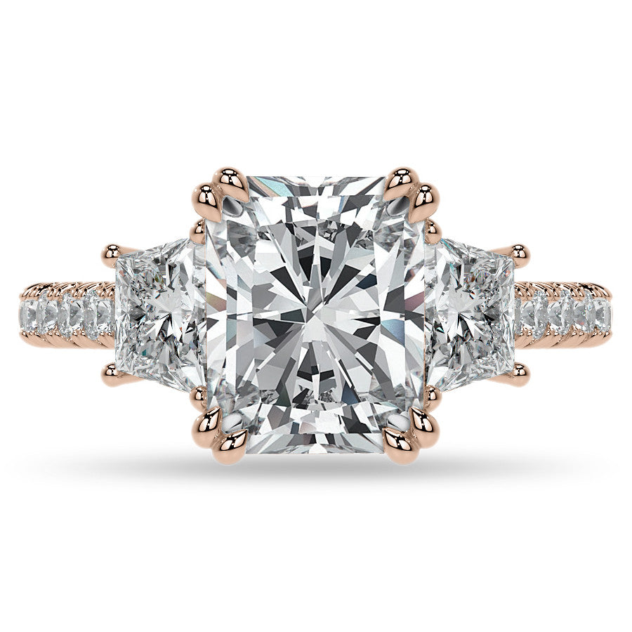 Emerald / Radiant and Trapezoid 3-Stone Moissanite Cathedral Engag