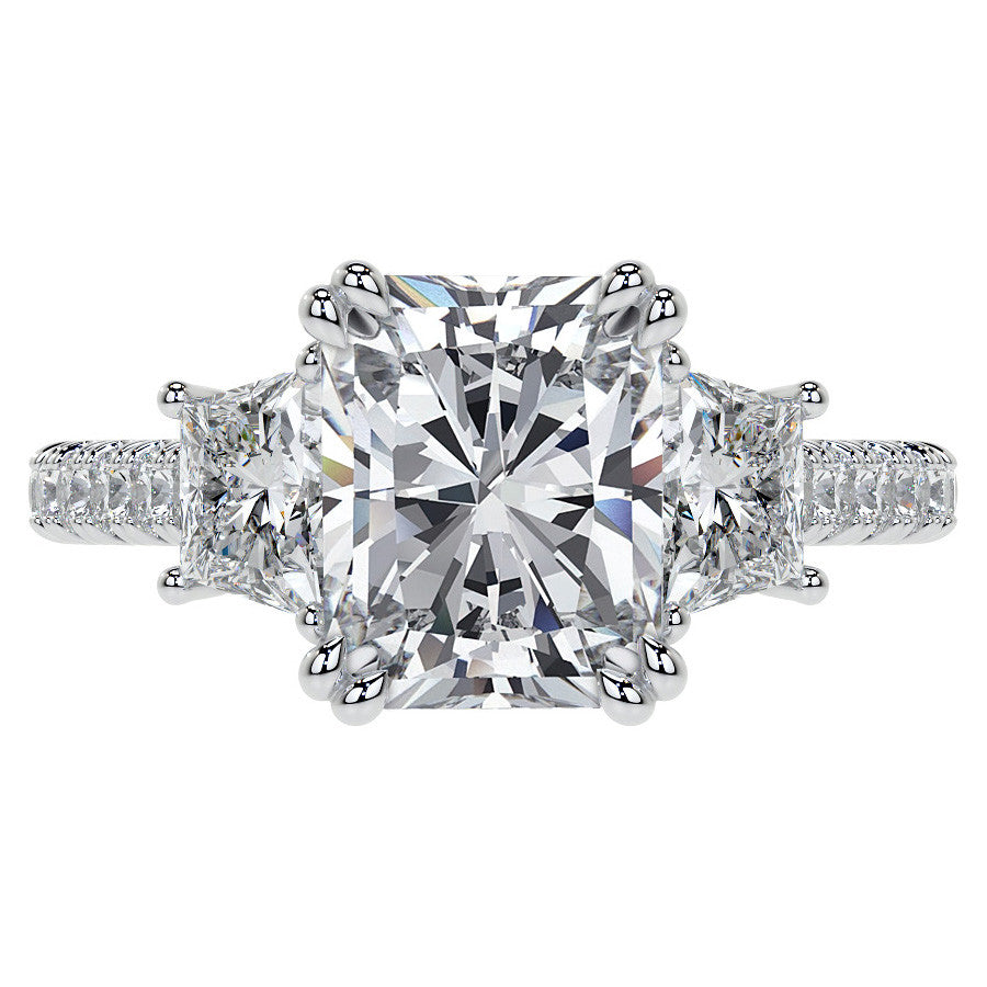 Emerald / Radiant and Trapezoid 3-Stone Moissanite Cathedral Engag