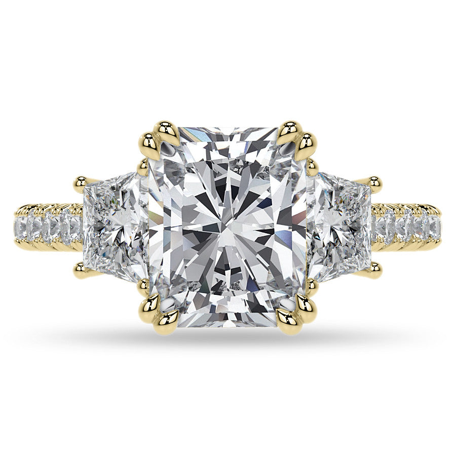 Emerald / Radiant and Trapezoid 3-Stone Moissanite Cathedral Engag