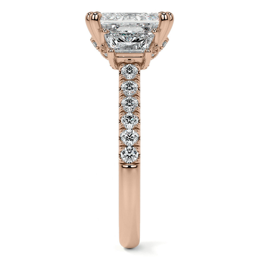 Emerald / Radiant and Trapezoid 3-Stone Moissanite Cathedral Engag