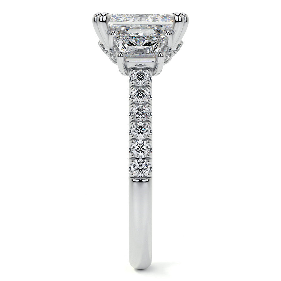 Emerald / Radiant and Trapezoid 3-Stone Moissanite Cathedral Engag