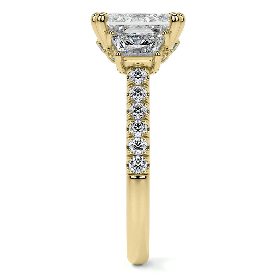 Emerald / Radiant and Trapezoid 3-Stone Moissanite Cathedral Engag
