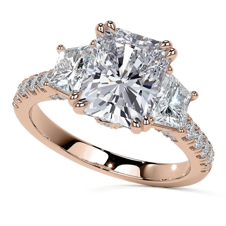 Emerald / Radiant and Trapezoid 3-Stone Moissanite Cathedral Engag