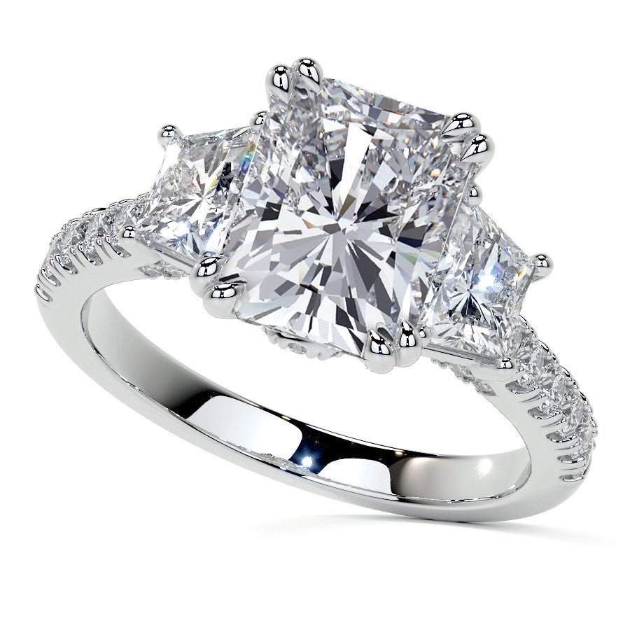 Emerald / Radiant and Trapezoid 3-Stone Moissanite Cathedral Engag