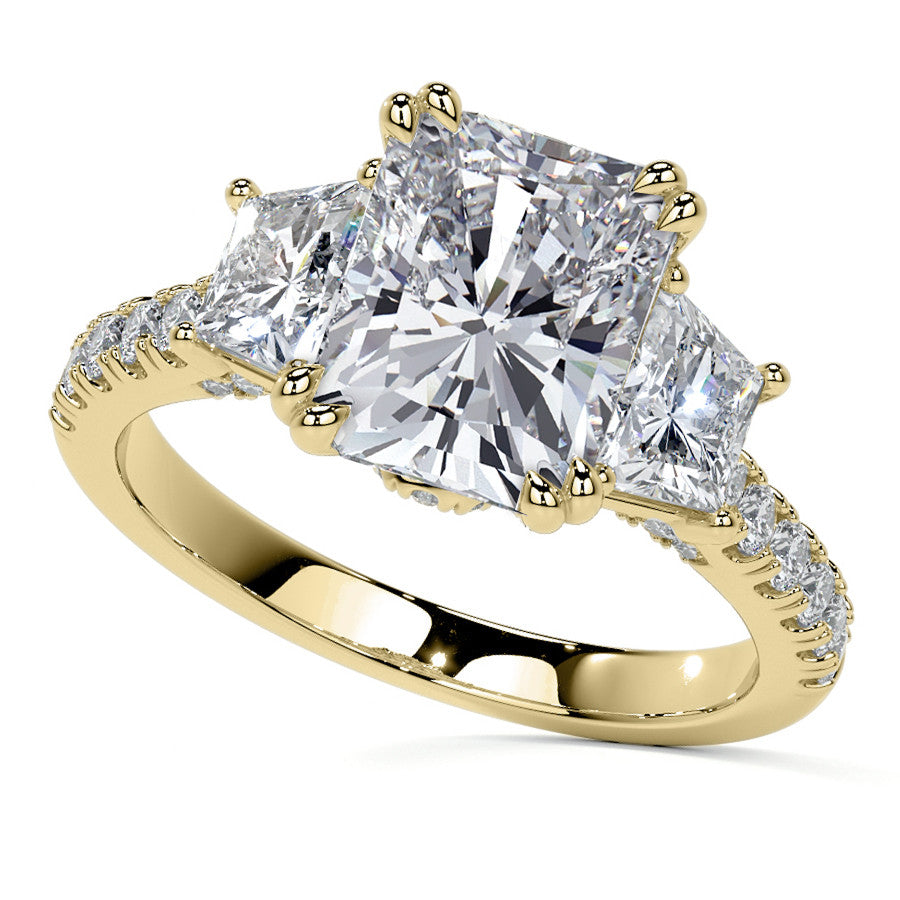 Emerald / Radiant and Trapezoid 3-Stone Moissanite Cathedral Engag