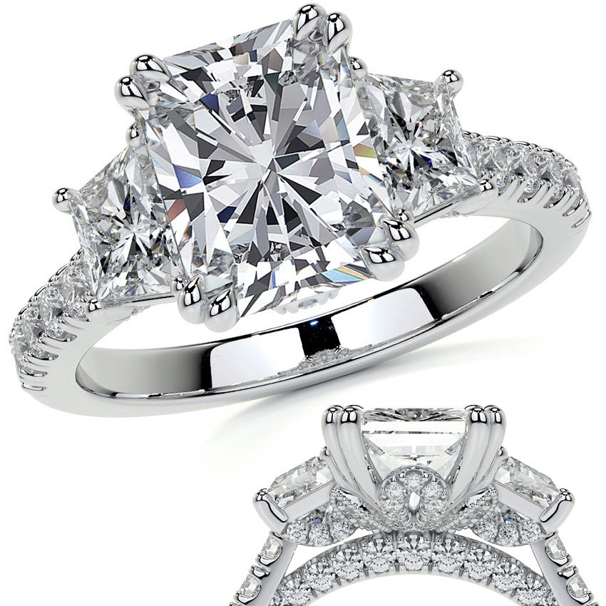 Emerald / Radiant and Trapezoid 3-Stone Moissanite Cathedral Engag
