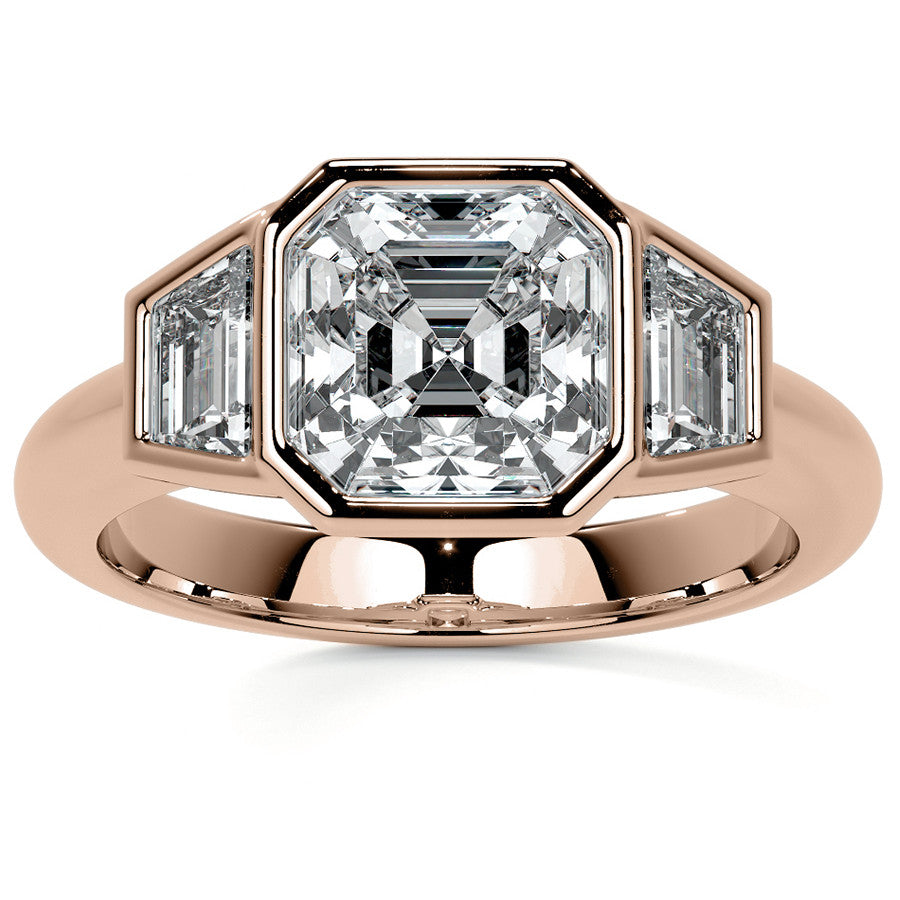 Asscher and Trapezoid Bezel Set Three-Stone Moissanite Engagement