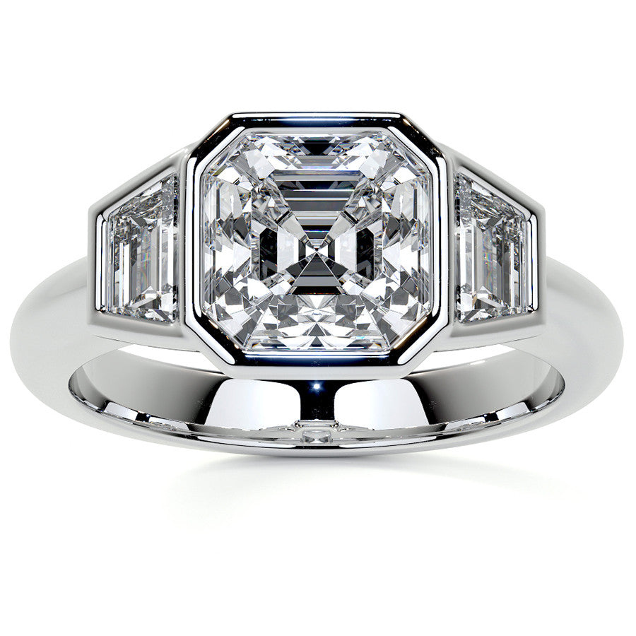 Asscher and Trapezoid Bezel Set Three-Stone Moissanite Engagement