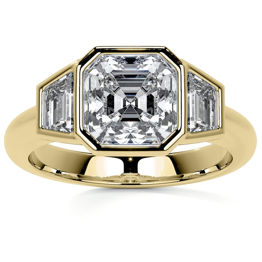 Asscher and Trapezoid Bezel Set Three-Stone Moissanite Engagement