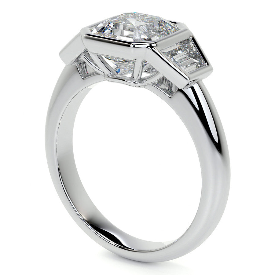 Asscher and Trapezoid Bezel Set Three-Stone Moissanite Engagement