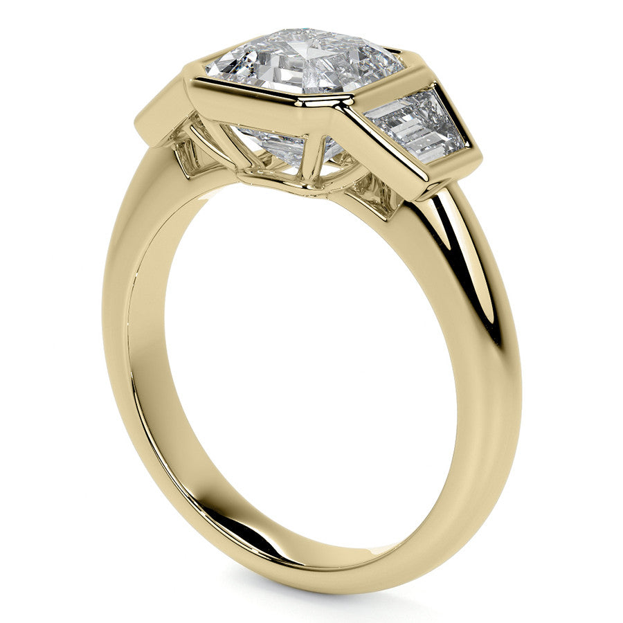 Asscher and Trapezoid Bezel Set Three-Stone Moissanite Engagement