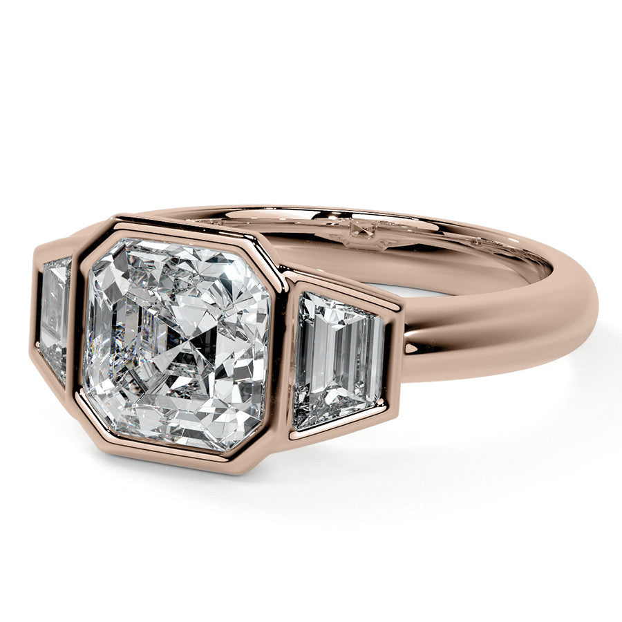 Asscher and Trapezoid Bezel Set Three-Stone Moissanite Engagement