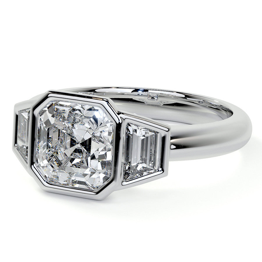 Asscher and Trapezoid Bezel Set Three-Stone Moissanite Engagement