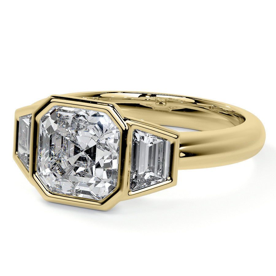 Asscher and Trapezoid Bezel Set Three-Stone Moissanite Engagement