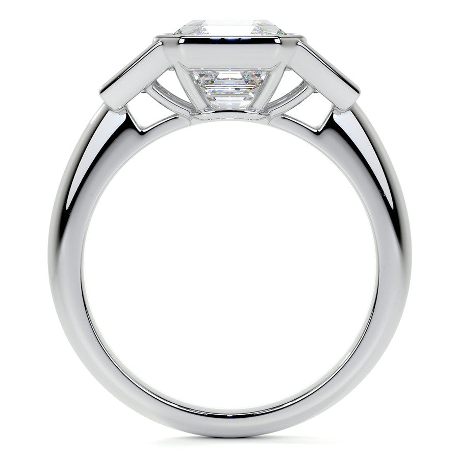 Asscher and Trapezoid Bezel Set Three-Stone Moissanite Engagement