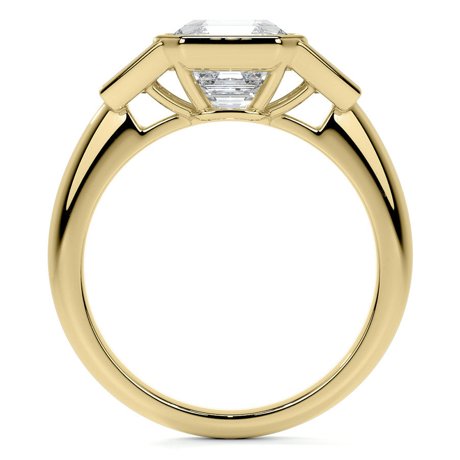 Asscher and Trapezoid Bezel Set Three-Stone Moissanite Engagement