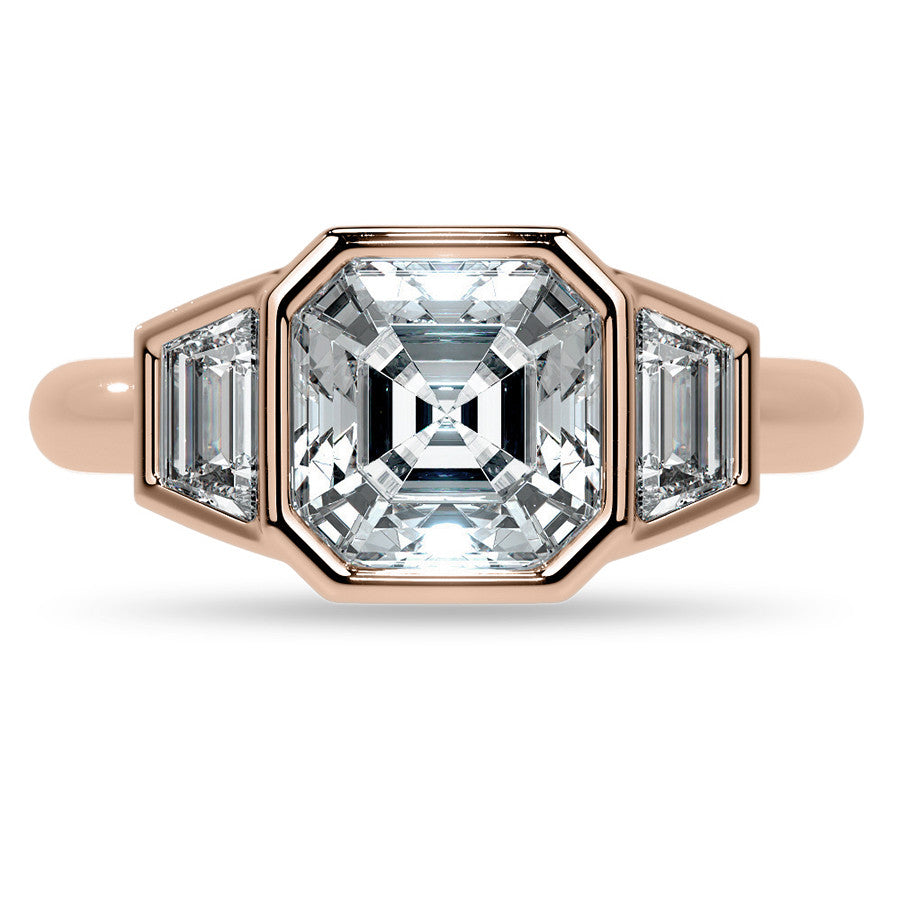 Asscher and Trapezoid Bezel Set Three-Stone Moissanite Engagement