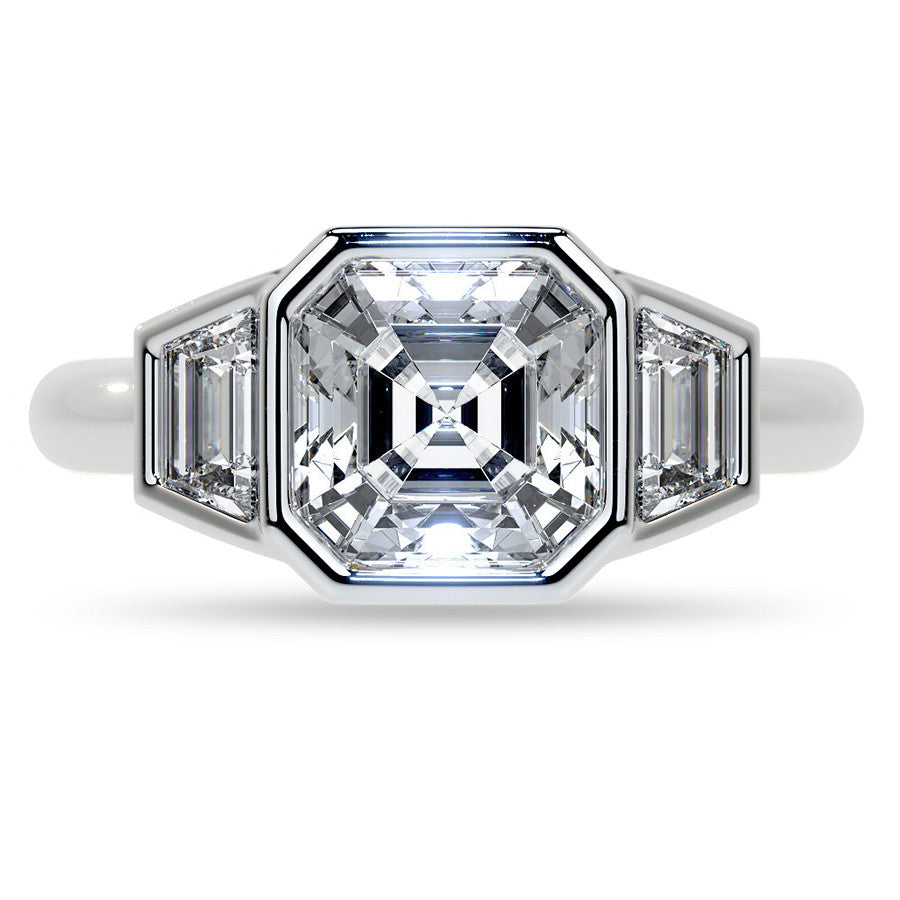 Asscher and Trapezoid Bezel Set Three-Stone Moissanite Engagement