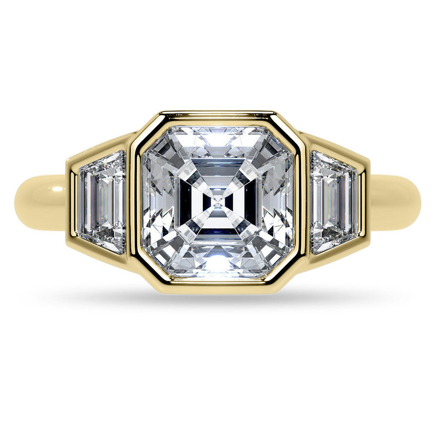 Asscher and Trapezoid Bezel Set Three-Stone Moissanite Engagement