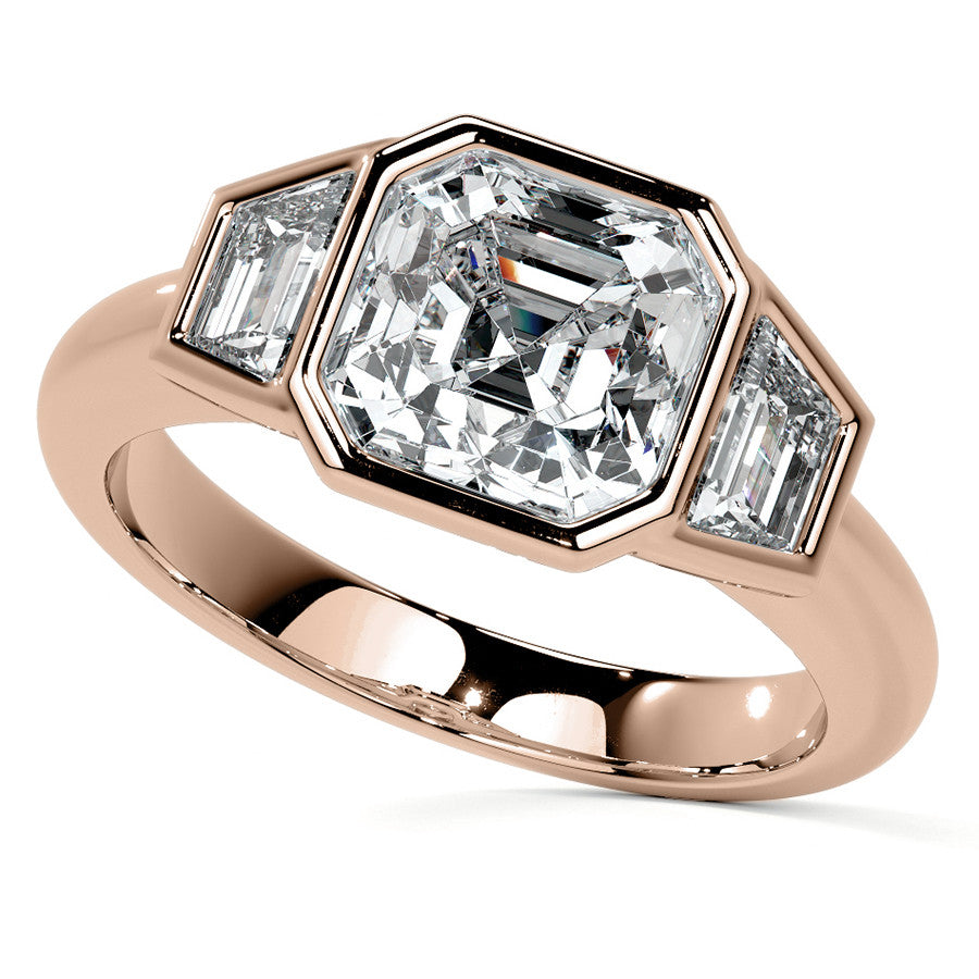 Asscher and Trapezoid Bezel Set Three-Stone Moissanite Engagement