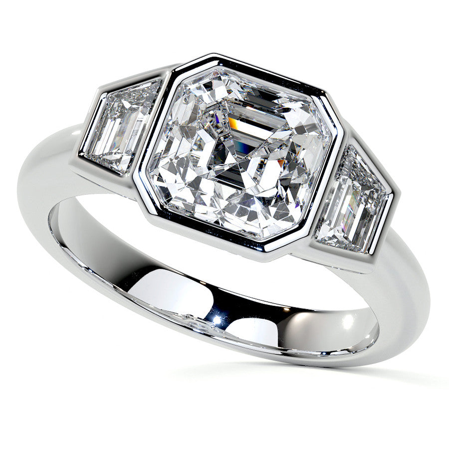 Asscher and Trapezoid Bezel Set Three-Stone Moissanite Engagement