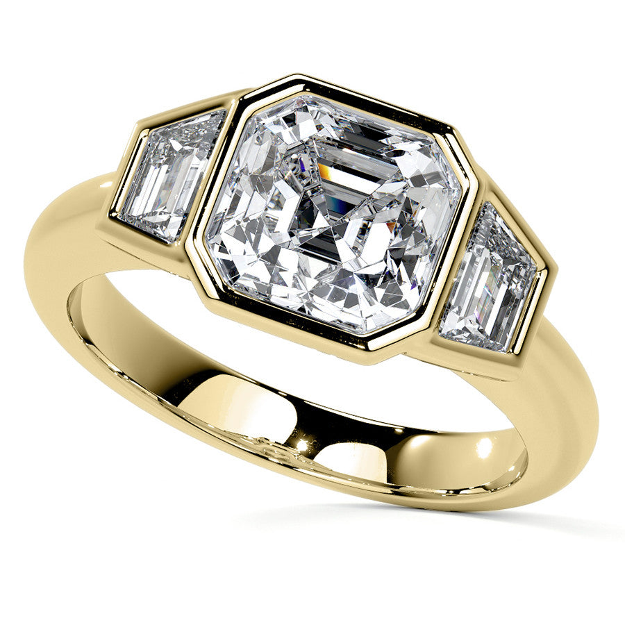 Asscher and Trapezoid Bezel Set Three-Stone Moissanite Engagement