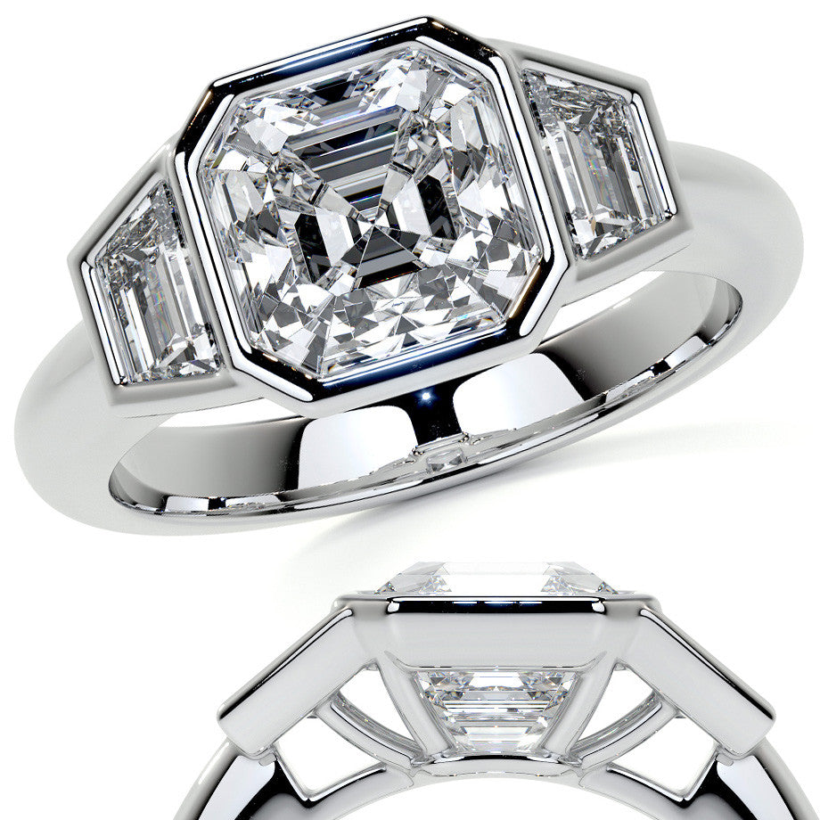 Asscher and Trapezoid Bezel Set Three-Stone Moissanite Engagement