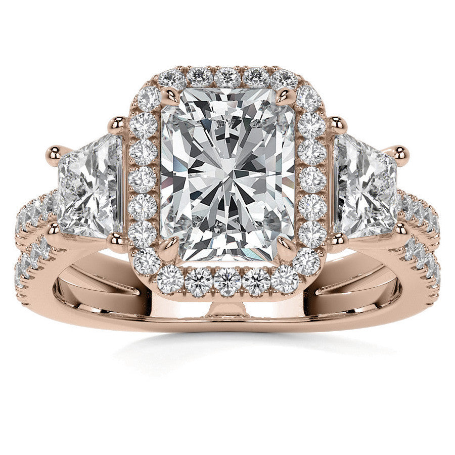 Emerald/Trapezoid 3-Stone Halo Moissanite Split Shank Engagement