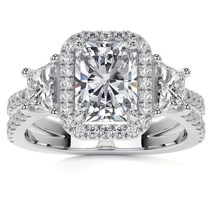 Emerald/Trapezoid 3-Stone Halo Moissanite Split Shank Engagement