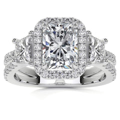 Emerald/Trapezoid 3-Stone Halo Moissanite Split Shank Engagement