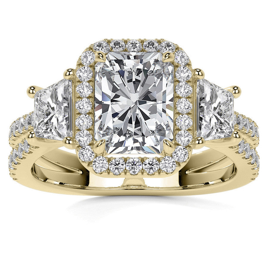 Emerald/Trapezoid 3-Stone Halo Moissanite Split Shank Engagement