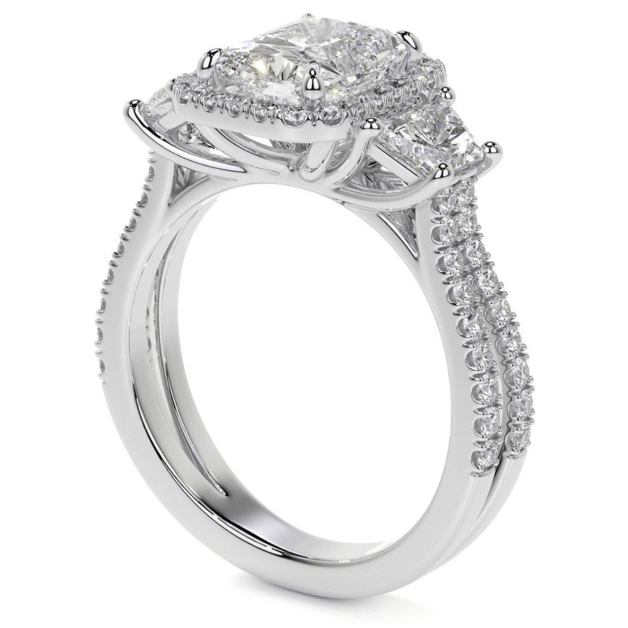 Emerald/Trapezoid 3-Stone Halo Moissanite Split Shank Engagement