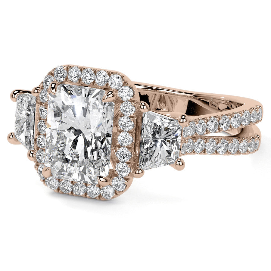 Emerald/Trapezoid 3-Stone Halo Moissanite Split Shank Engagement