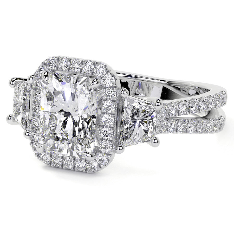 Emerald/Trapezoid 3-Stone Halo Moissanite Split Shank Engagement