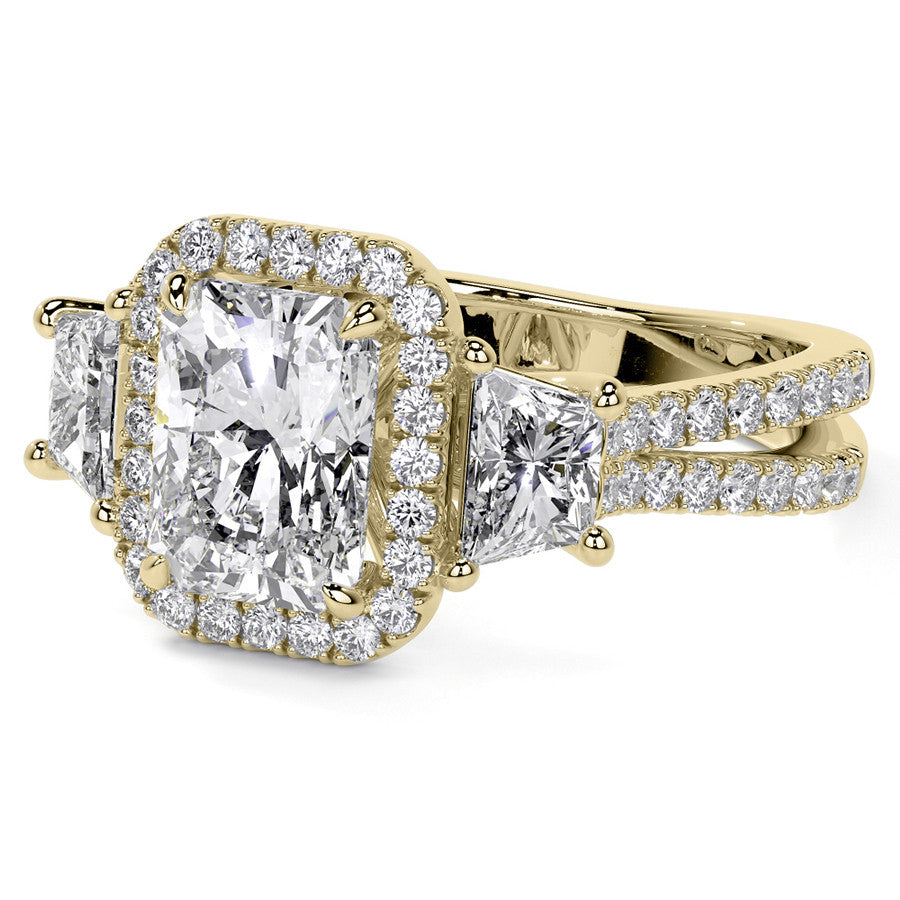 Emerald/Trapezoid 3-Stone Halo Moissanite Split Shank Engagement