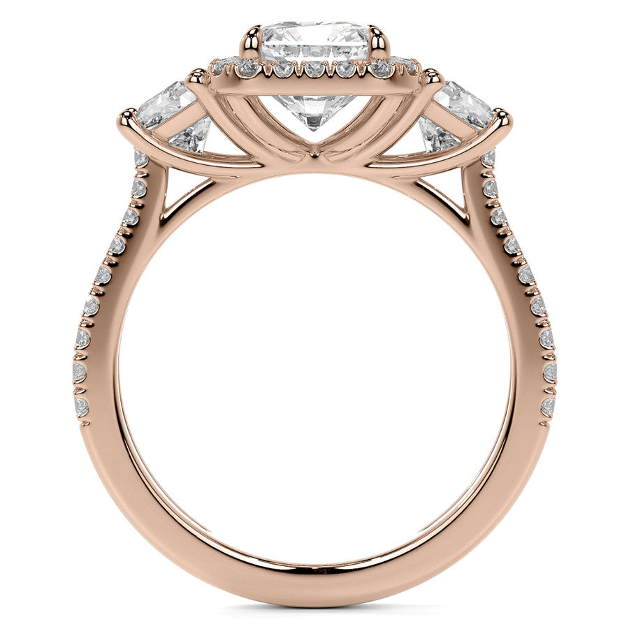 Emerald/Trapezoid 3-Stone Halo Moissanite Split Shank Engagement