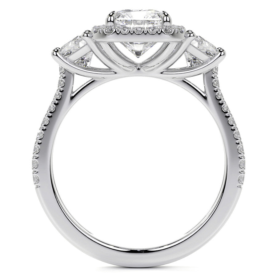 Emerald/Trapezoid 3-Stone Halo Moissanite Split Shank Engagement