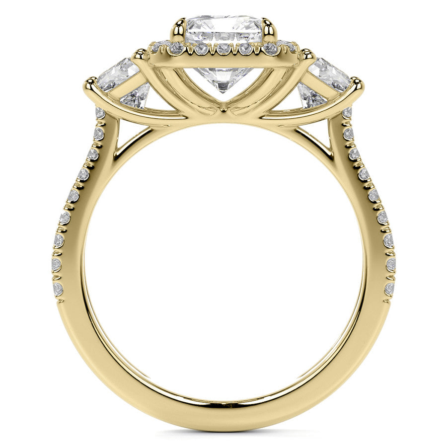 Emerald/Trapezoid 3-Stone Halo Moissanite Split Shank Engagement