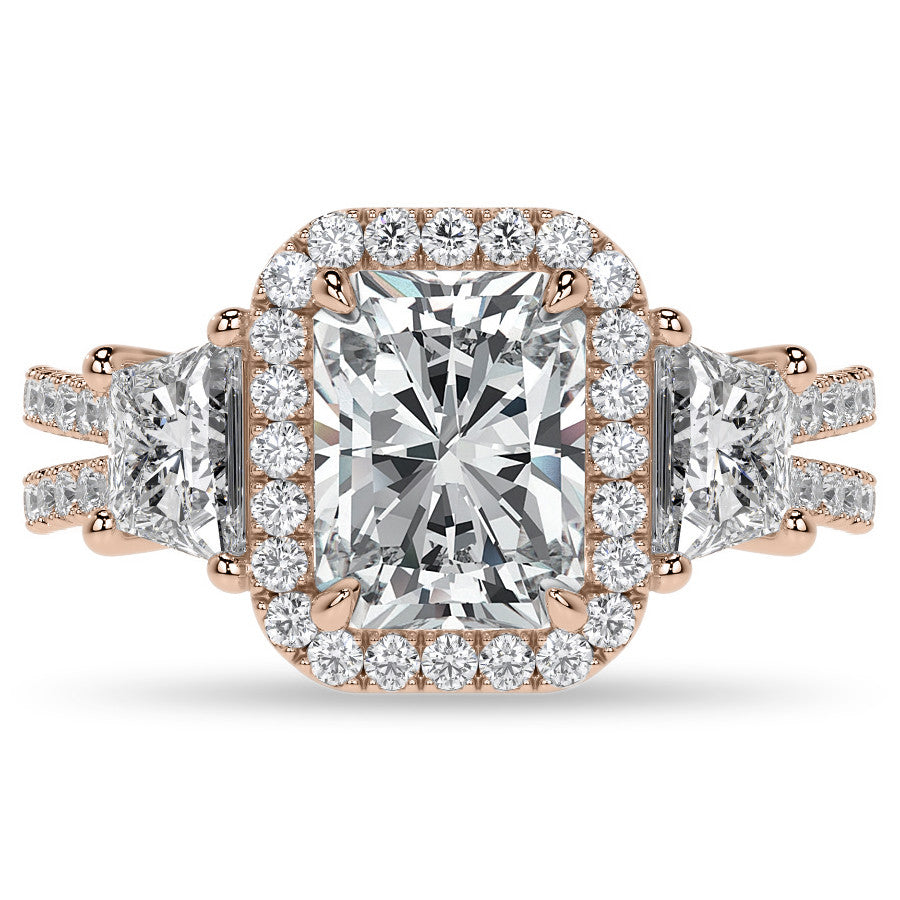 Emerald/Trapezoid 3-Stone Halo Moissanite Split Shank Engagement