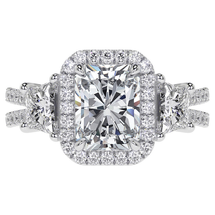 Emerald/Trapezoid 3-Stone Halo Moissanite Split Shank Engagement
